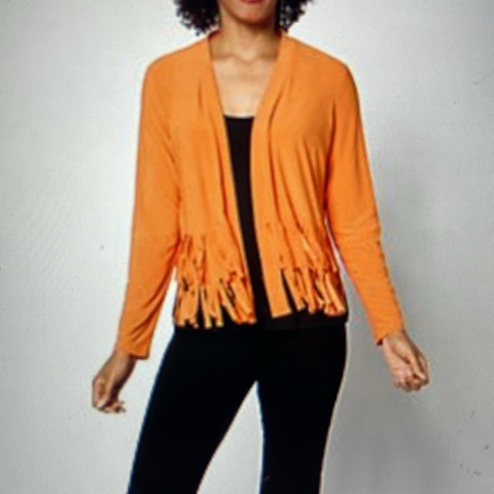 Attitudes by Renee Como Jersey Fringe Jacket Cardigan Topper Tomato Red M New - Picture 14 of 14